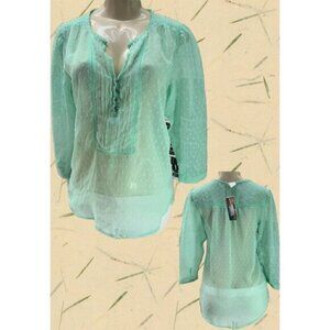 Bila S Mint Green Sheer Textured Split Button Neck 3/4 Sleeve Step Hem Blouse